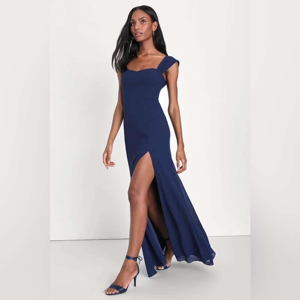 Lulus Magical Magnetism Navy Blue Off-the-Shoulder Maxi Dress - Picture 3 of 7